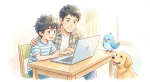 パソコンを囲んで笑顔で話す親子と、それを見守る鳥と犬のキャラクターのイラスト