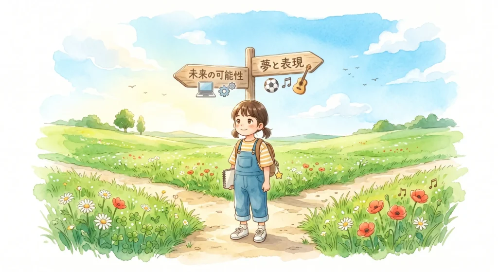 草原の分岐点に立ち、新しい可能性を見つめる子供のイラスト