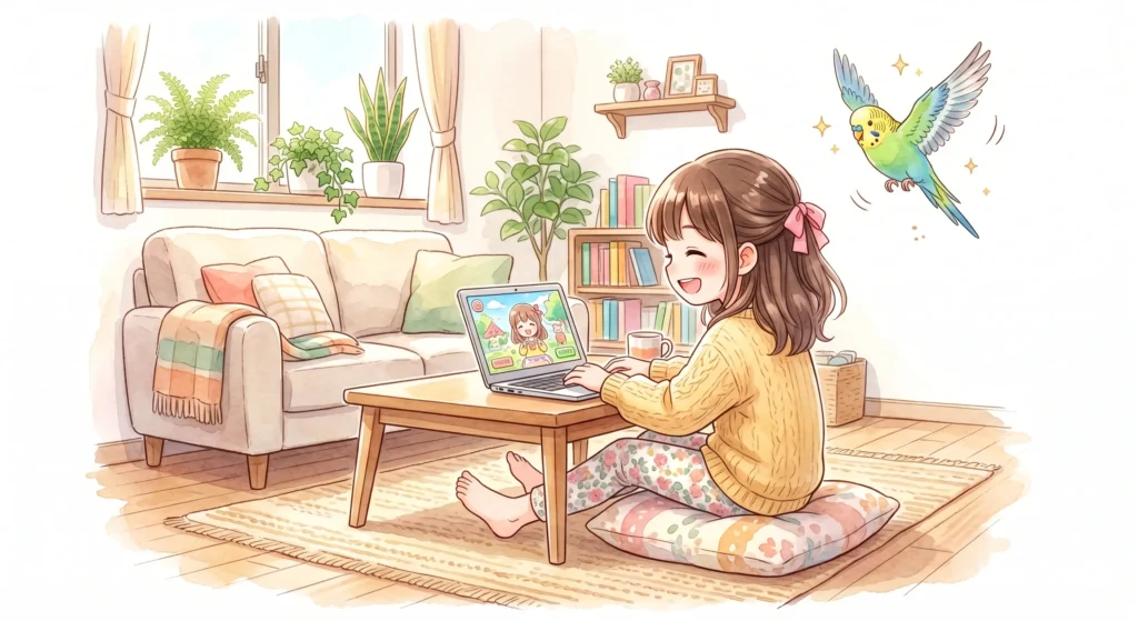 自宅のリラックスした環境でプログラミングを楽しむ子供のイラスト