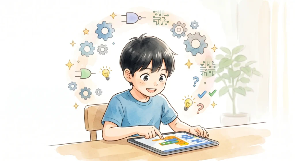 周りが気にならないほどプログラミングに没頭し、自分で試行錯誤する子どものイラスト