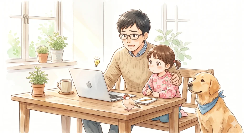 パソコンを前に話し合う親子と、それを見守る鳥と犬の温かいイラスト