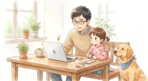 パソコンを前に話し合う親子と、それを見守る鳥と犬の温かいイラスト