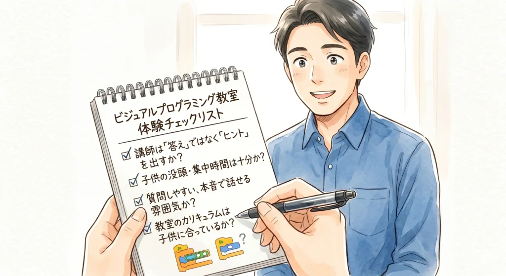 講師への質問内容をメモしたノートを持つ保護者と、それに対して誠実に答えようとする講師のイラスト