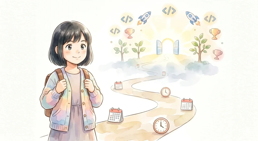 カレンダーや時計を見つめ、将来の継続をイメージする子どものイラスト