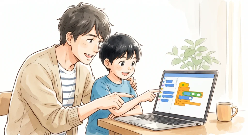 パソコンの画面を一緒に見ながら笑顔でプログラミング体験をする親子と、温かい光が差し込む部屋のイラスト