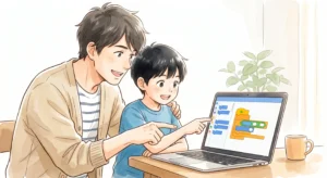 パソコンの画面を一緒に見ながら笑顔でプログラミング体験をする親子と、温かい光が差し込む部屋のイラスト