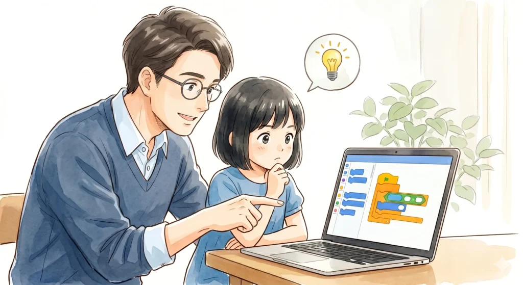 答えを教えるのではなく、ヒントを与えて子どもに考えさせる優しい講師のイラスト
