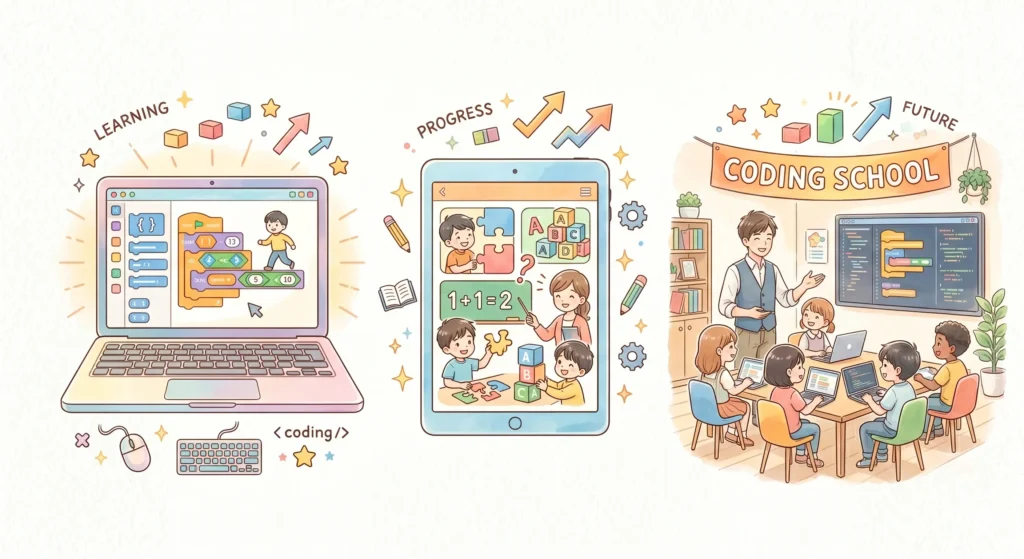 無料サイト、タブレット教材、プログラミング教室をイメージした3つの明るいイラスト