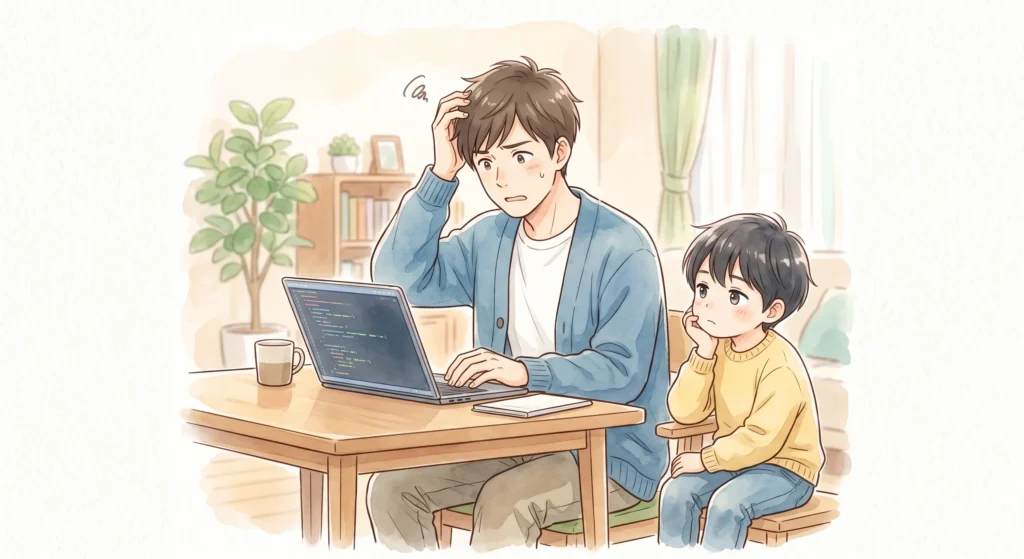 パソコンの前で困り顔のお父さんと飽きてしまった子供の温かいイラスト